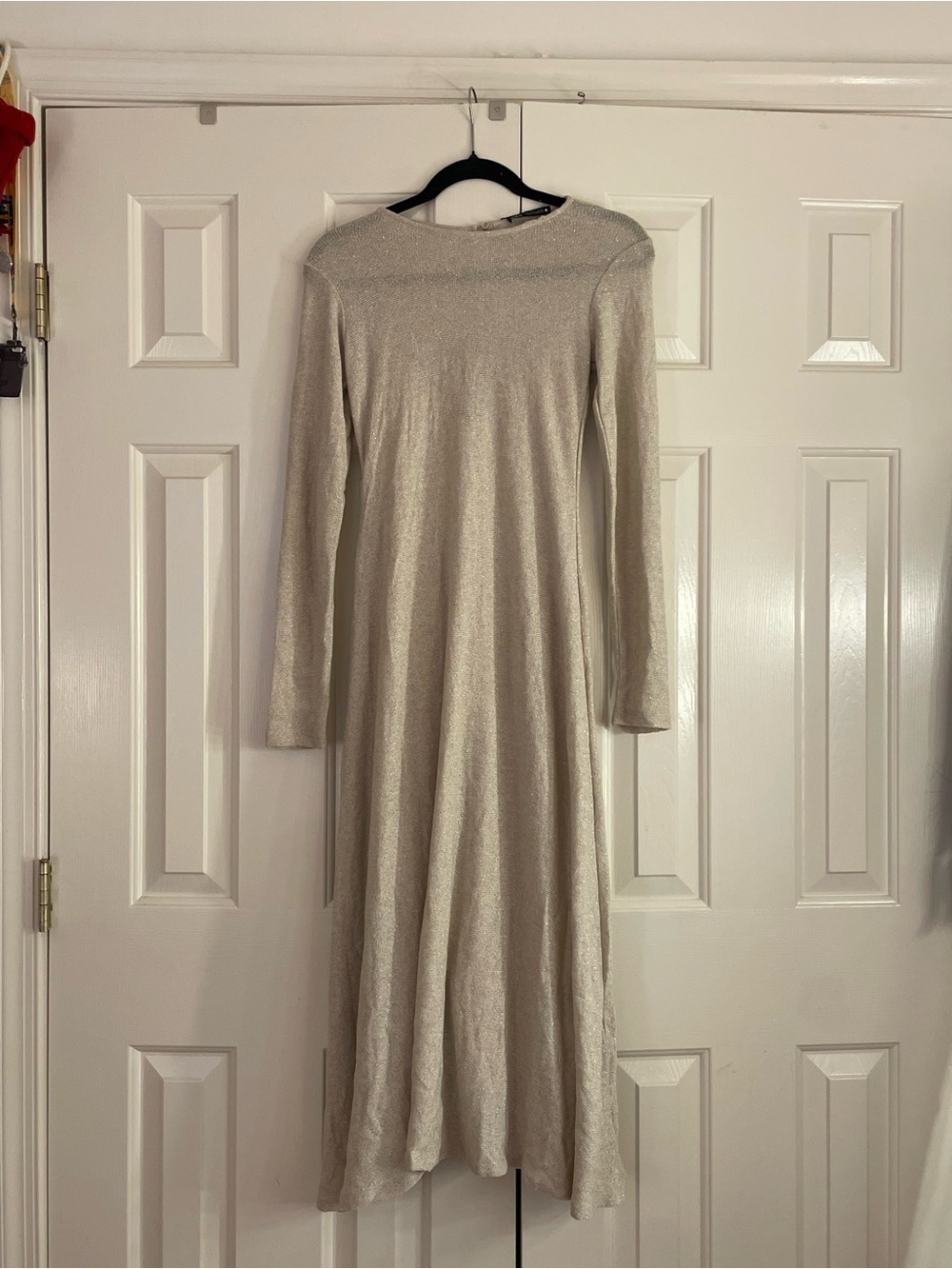 Zara Shimmery Long-Sleeve Maxi Dress in Silver-Cream